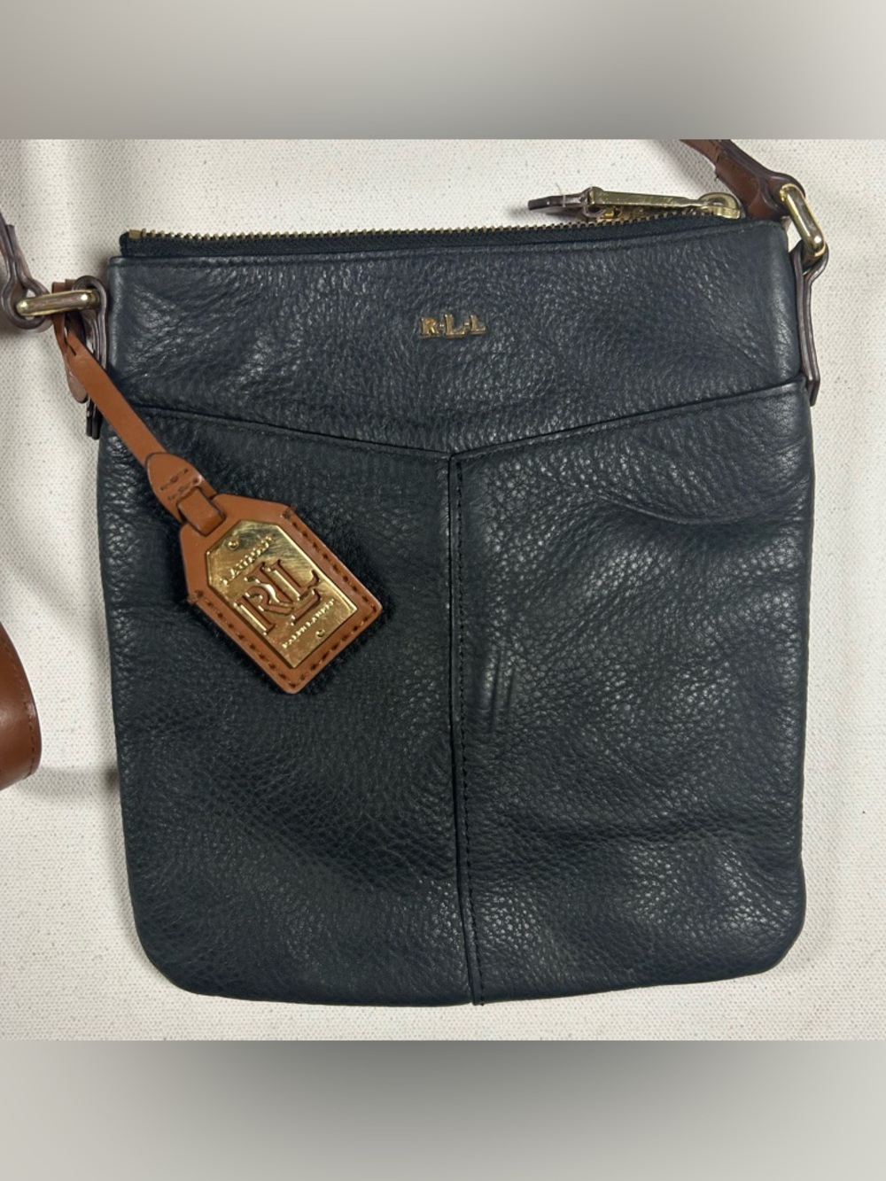 Lauren Ralph Lauren Crossbody Black Gold /Pebbled Medium Leather Purse VTG Y2k